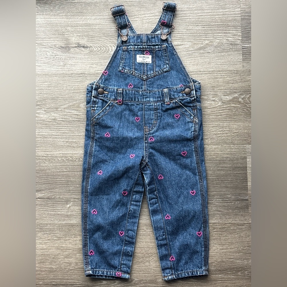 Valentine’s Day Girls Denim Overalls with Embroidered Pink Heart Accents 18 Mon